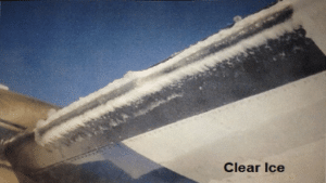 Image of clear ice on an aircraft